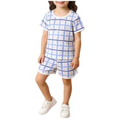 6 Month Girl Clothes Two Piece Sets for Girls Boys Kids Clothes Sets Kid Sets Fashion Boys and Girls Casual Short Sleeve Round Neck Shirts Plaid Print Short Pants（6 Month-8 Year