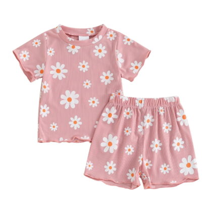 AceBaby Toddler Baby Girl Summer Outfit Daisy Print T-Shirt and Short 2Pcs Clothes Set for Kids at 0-5Y