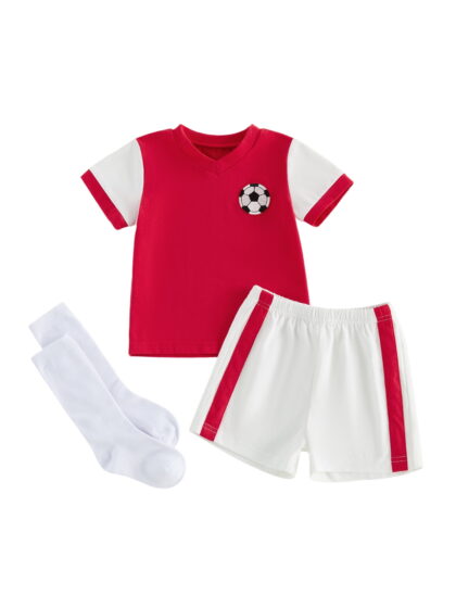 BemeyourBBs Toddler Baby Boy Football Outfit Infant Baby Boy Summer Clothes Kids Soccer Jerseys Football Embroidery Short Sleeve V Neck T Shirt Tops and Shorts Stockings Set