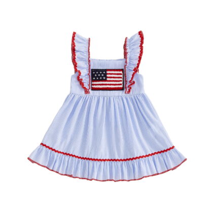 BemeyourBBs Toddler Baby Girls 4th of July Dress Outfit Patriot Independent Day Summer Dress Clothes USA Flag Embroidery Fly Sleeve Square Neck Ruffle Dress Kids Fourth of July Dress Outfits