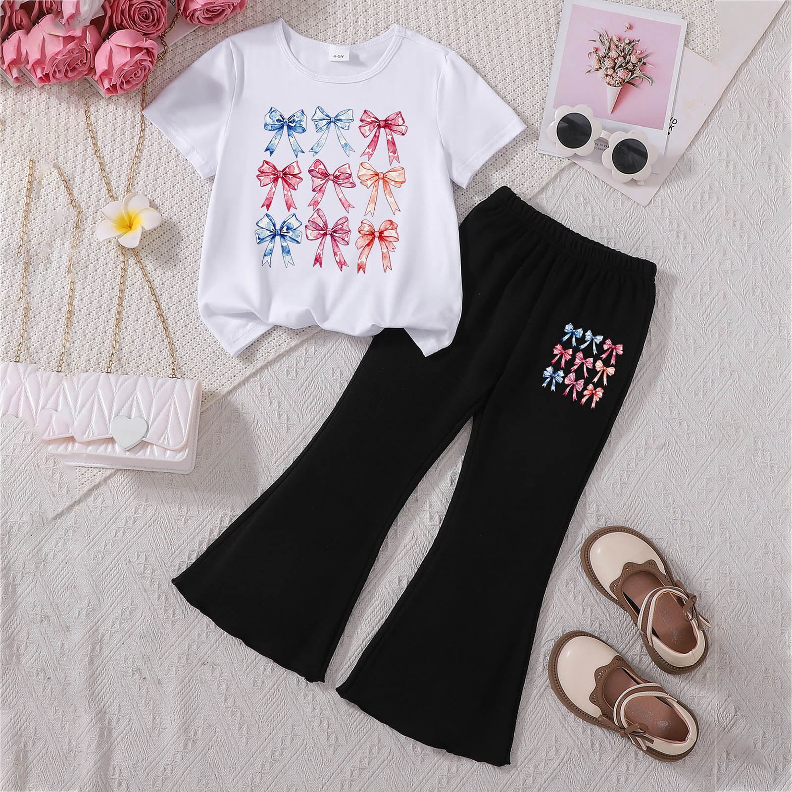 Ccpelsie Little Girls 2 Piece Summer Outfits Short Sleeve T-Shirt and Pant Kids Clothes Short Sets M,3-4 Years - Image 4