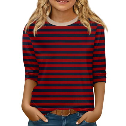 CCRFTGI 3/4 Length Sleeve Girls Tops Size 7 Cute Striped T Shirts Girls Fashion Crewneck Tee Shirts Soft Spring Day Tee Tops Wine 5-6 Years