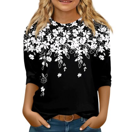 CCRFTGI Girls 3/4 Length Sleeve Shirts Black Basic Shirts Size 10-12 Spring Cute Floral Print Shirt Trendy Kids Crew Neck Tshirt Girls Tops Tween Girls Clothes Size 10-12 Years
