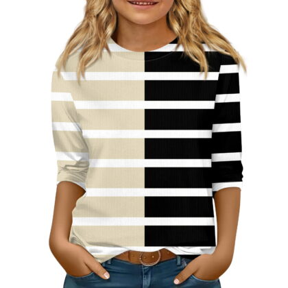 CCRFTGI Girls 3/4 Sleeve Shirts Beige Girls Tops Trendy Size 9-10 Cute Shirt Kids Crewneck Ribbed Knit Tshirts Basic Tween Girls Striped Clothes Beige 9-10 Years