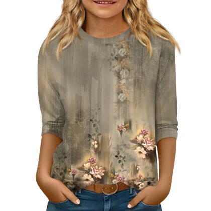 CCRFTGI Girls Tops Size 10-12 3/4 Sleeve Shirts Fall Cute Shirts Crew Neck Size 10-12 Tshirts Trendy Kids Tween Girls Floral Print Clothes Gray 7-8Years