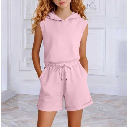 Cethrio Girls Outfit Sets Short Sleeve, Hooded School 2 Piece Kids Summer Clothing Sets Pink Size 8