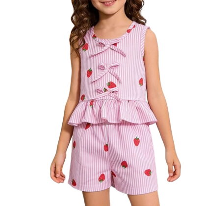 Cethrio Girls Summer Outfit Sets, 2 Piece Casual Printed Sleeveless Kids Clothing sets Pink Size 6