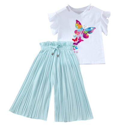 CUZIBR Toddler Kids Girls Clothing Sets Summer Sunflower T Shirt Tops Chiffon Ruched Loose Casual Pants Outfits Children Clothes Breathable Dailywear For Child