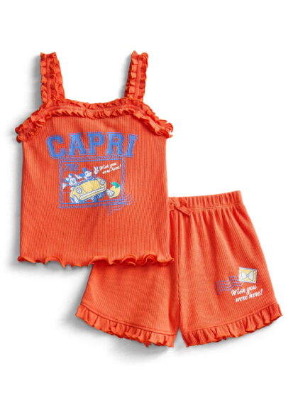 Disney Minnie & Mickey Mouse Toddler Girls La Dolce Vita Graphic Tank Top with Ruffle Shorts, 2-Piece Set, Sizes 12M-5T
