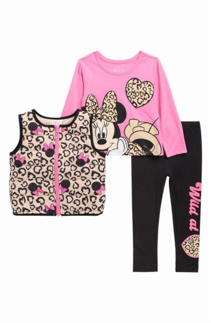 Disney Minnie Mouse Girls 3-Piece Outfit Set Leopard Print Vest, Long Sleeve Top & Leggings Toddler & Kids Clothing