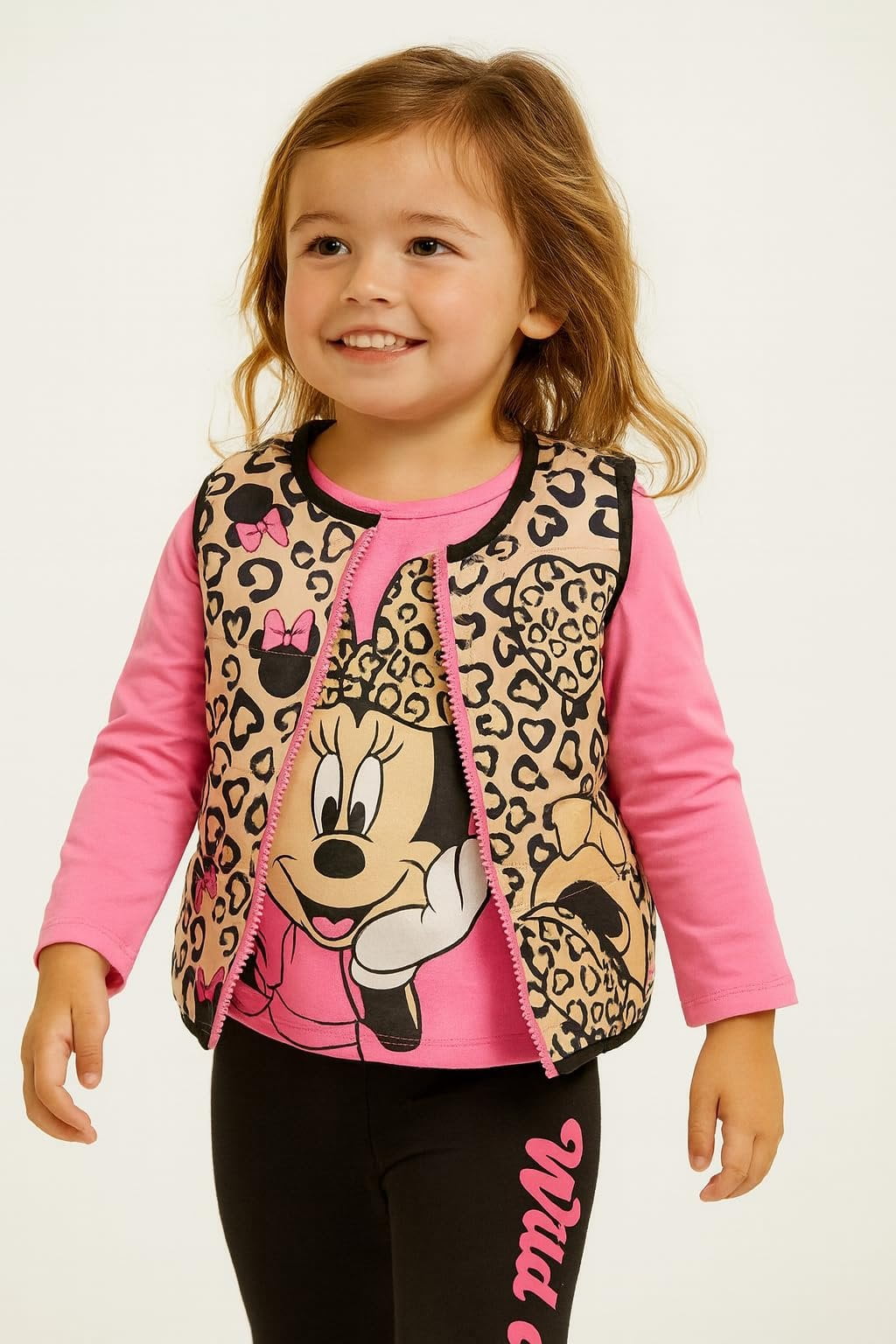 Disney Minnie Mouse Girls 3-Piece Outfit Set Leopard Print Vest, Long Sleeve Top & Leggings Toddler & Kids Clothing - Image 4