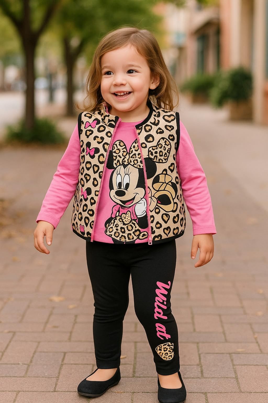 Disney Minnie Mouse Girls 3-Piece Outfit Set Leopard Print Vest, Long Sleeve Top & Leggings Toddler & Kids Clothing - Image 3