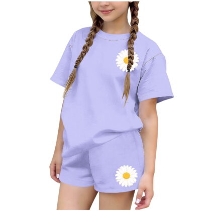 Fnooota Girls Summer Outfit Sets Size 10-12, Casual Short Sleeve Fashion Girls' 2 Piece Sets Kids' Clothing Sets Purple Size 10