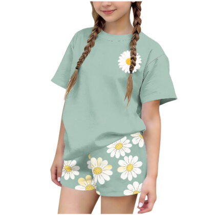 Fnooota Girls Summer Outfit Sets Size 6, Casual Short Sleeve Graphic Girls' 2 Piece Sets Kids' Clothing Sets Green Size 6