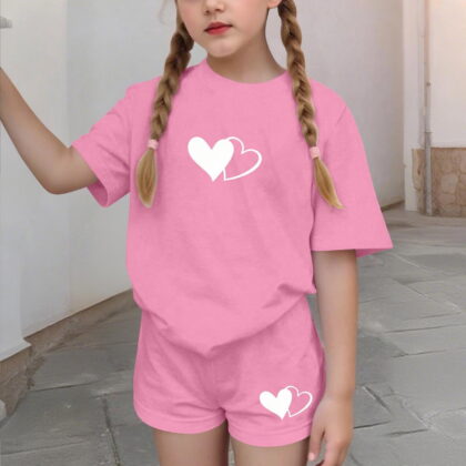 FSYBOA Girls Graphic Outfit Sets, Summer Casual Short Sleeve Crew Neck Kids Clothing Set Pink Size 3-15T