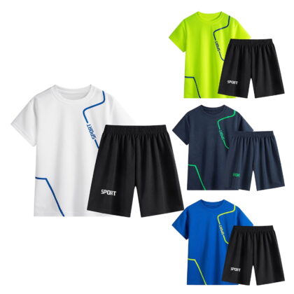Gelikeya 3-14Y Kids Boys Summer Clothes 2 Piece Outfit Sets Quick Drying Short Sleeve T Shirts with Shorts Sportswear Dark Blue, 13-14 Years