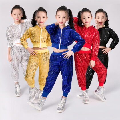 Gelikeya Hop Dance Outfits for Girls Glitter Hooded Tops Pants 2 Piece School Performance Toddler Kids Clothes (Red, 5-6 Years)