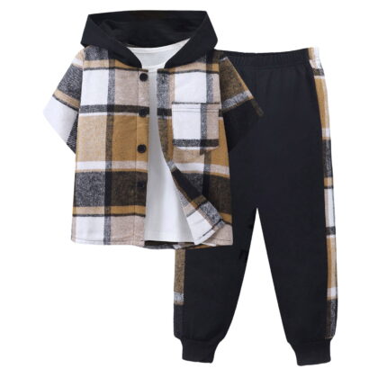Gerichy Toddler Baby Boy Clothes Outfits Short Sleeve Prints Tops Pants Child 2Pcs Set Kids Fall Winter Clothing Sets for Boys Long Sleeve Plaid Color Clash Hooded Two Piece Boys' Suit