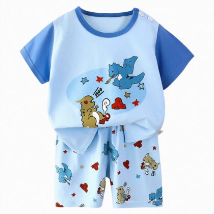Gibobby Toddler Boy Summer Tropical Printed Short Sleeve T-Shirt Elastic Shorts 2Pc Casual Outfit Soft Comfortable Clothes for Twins 6M 12M 18M 24M 1T‑6T Kids Running Wear(18-24 Months,Sky Blue)