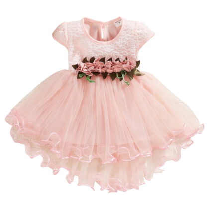 Girl Dresses Kids Flowers Floral Tulle Ruched Princess Dresses Clothes Baby Girl Dress Pink 18 Months-24 Months