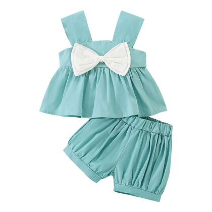 Girl Outfits Clothes Sleeveless Bowknot Tops Shorts Two Piece Kids Clothing Sets