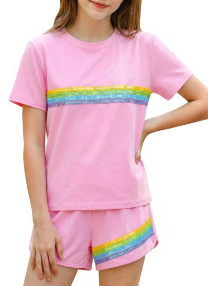 Girls 2 Piece Outfits Set Girl Casual T Shirt and Kids Rainbow Shorts Summer Clothes for Girls 7-14Y