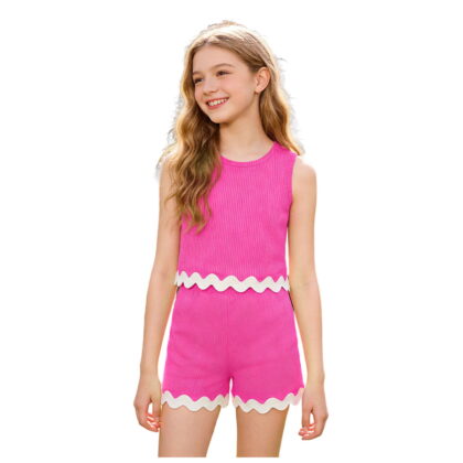 Girls' Flare Leggings Set - 2 Piece Short Sleeve Crew Neck Ribbed T-Shirt and Yoga Wide Leg Pants for Girls,Hot Pink