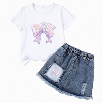 HCNTES Kid Girls Clothes Outfits Cute Sweet Bowknot Print T-Shirt + Bowknot Denim Short Summer Clothing Set