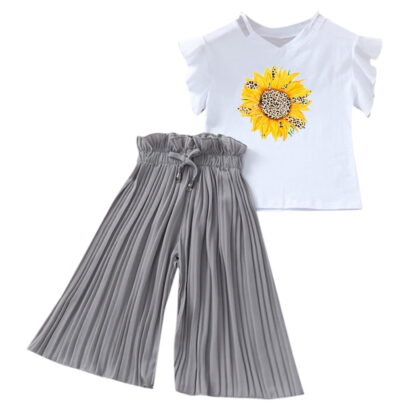 JAHH Toddler Kids Girls Clothing Sets Summer Sunflower T Shirt Tops Chiffon Ruched Loose Pants Outfits Children Clothes for Casual Soft Comfortable Clothing(5 Years,Grey)