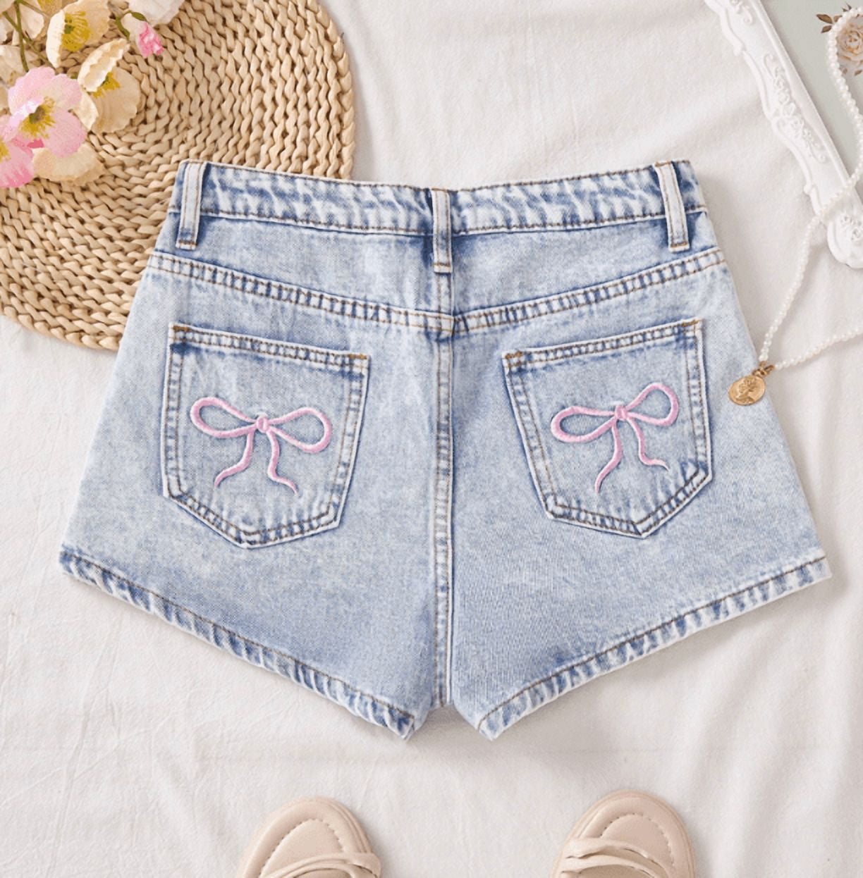 Jkety Girls Jeans Girls Jeans Shorts Denim Elastic Waist Bottom Trendy Cotton Summer Clothes for Kids Light Blue,13-14 Years - Image 2