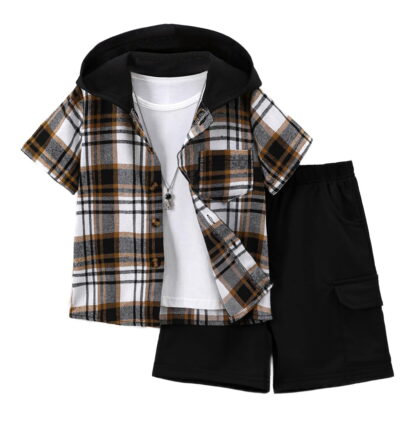Jolyshlid Boys 2 Piece Summer Outfit Set Plaid Shirt and Shorts Casual Clothing Set for Kids 7-8Years,Black