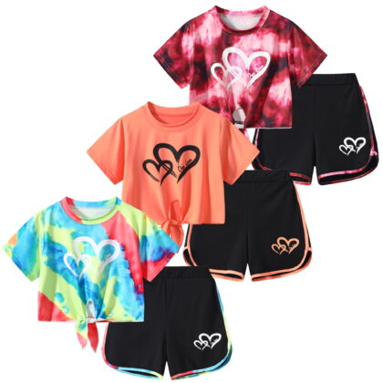 Jolyshlid Girls Summer Outfits 6 Piece Set Tie Dye Heart Print Short Sleeve Tops and Shorts Set Casual Clothing for Kids,Blue Orange red,13-14 Years