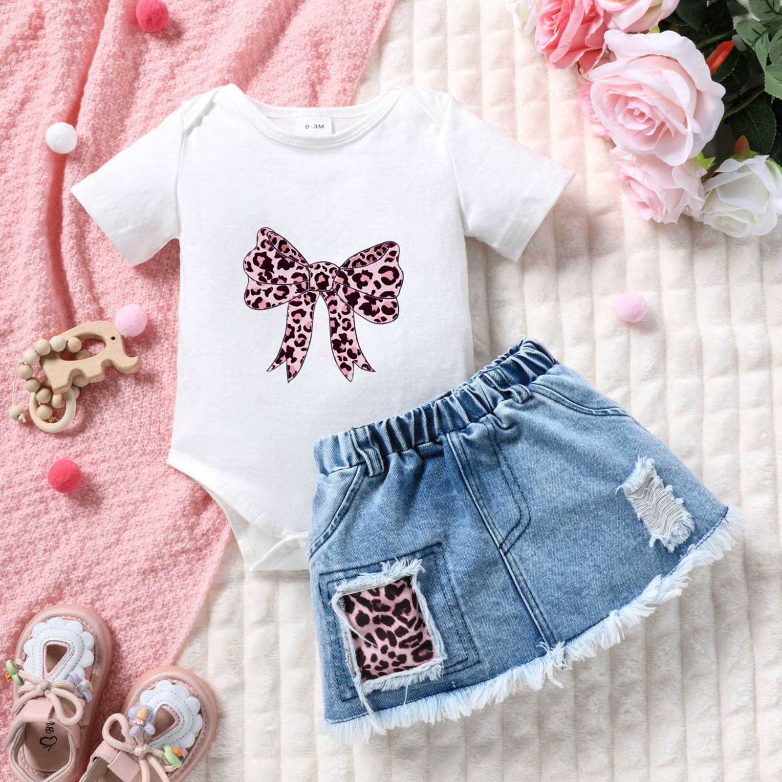 Kid Girls Clothes Outfits Cute Sweet Bowknot Print T-Shirt + Bowknot 2 In 1 Denim Short Summer Clothing Set - Image 3