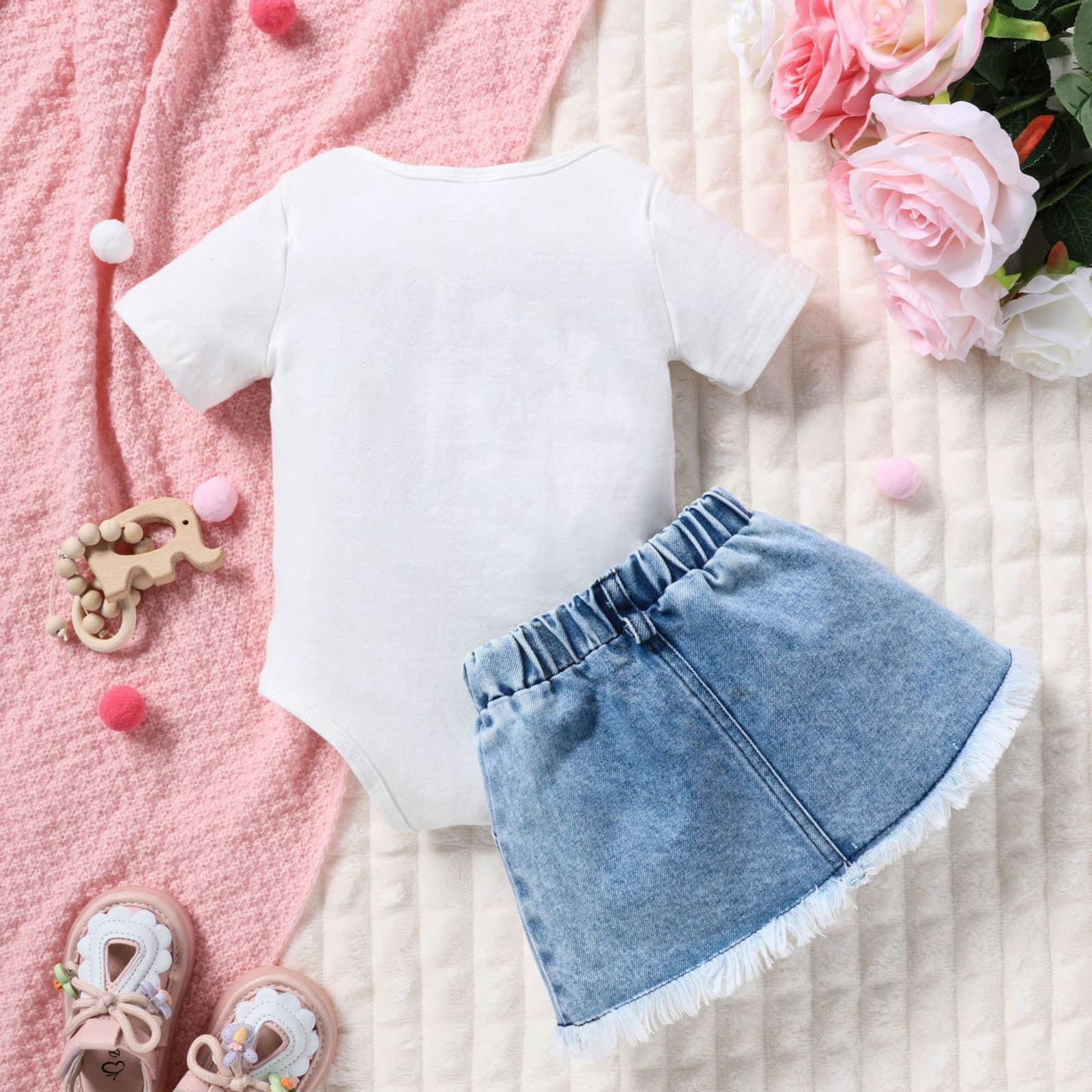 Kid Girls Clothes Outfits Cute Sweet Bowknot Print T-Shirt + Bowknot 2 In 1 Denim Short Summer Clothing Set - Image 2