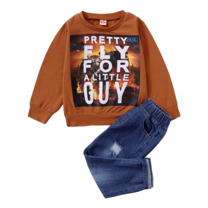 Kids Boys Clothes Little Boys 2PCS Outfits 6-7 Years Boys Letter Print Long Sleeve Round Neckline Top Jeans Pants Set Brown