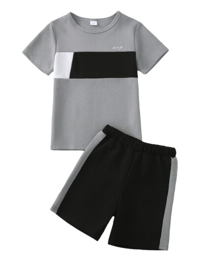 KIMI BEAR 11 Years Big Boys Summer Clothes Set 12 Years Tween Youth Kids Outfits Short Sleeves Color Block T-shirt Top Shorts Set 2pcs Clothing Gray