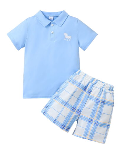 KIMI BEAR 6 Years Little Boys Outfit Set 7 Years Kid Boy Clothes Short Sleeves Lapel Polo T-shirt Top Plaid Shorts 2pcs Casual Clothing Sets Blue 6-7T