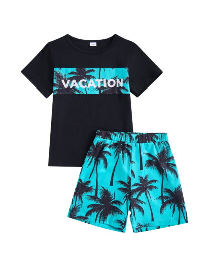 Kucnuzki 7 Years Big Boys Summer Outfit Sets 8 Years Kids Clothes Short Sleeves T-shirt Letter Print Top Coconut Palm Shorts Set 2pcs Blue 7-8Y