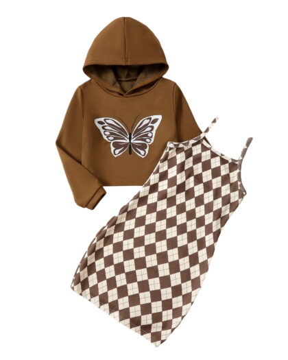 Kucnuzki 7 Years Big Girls Winter Outfits 8 Years Youth Child Kids Clothes Set Long Sleeve Butterfly Hooded Top Crop Top Sleeveless Plaid Slim Dress 2pcs Skirt Set Brown
