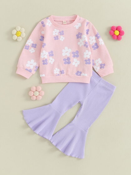 Loicainy Baby Kids Little Girl 2Pcs Fall Outfits 6 12 24 Months 2T 3T 4T 5T Long Sleeve Floral Print Pullover Tops + Flare Pants Set Toddler Spring Clothes Set
