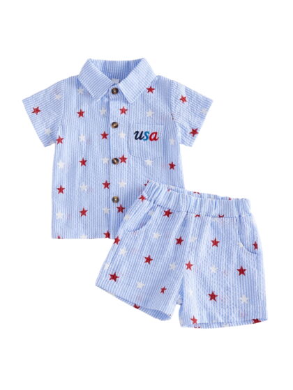Loicainy Baby Toddler Boy 4th of July Outfits 6 12 18 24 Months 2T 3T 4T 5T Short Sleeve Letter Embroidery Button Up Shirt + Shorts Set Kids Clothes