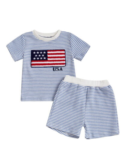 Loicainy Toddler Baby Boy 4th of July Clothes Set 6 12 18 24 Months 2T 3T 4T Flag Embroidery Striped Crew Neck Short Sleeve T-Shirt and Shorts 2 Pcs Independence Day Outfits