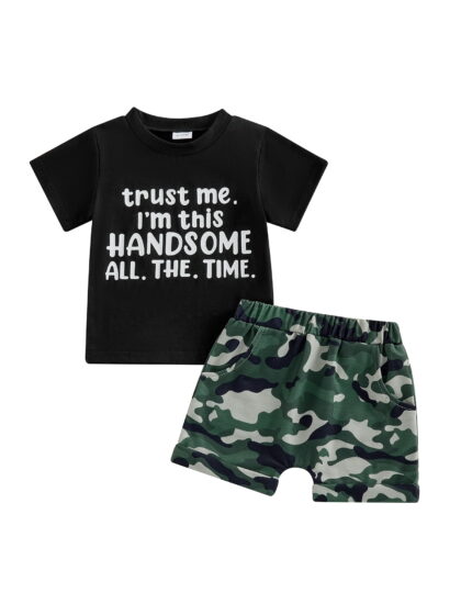 Loicainy Toddler Baby Boy Summer Clothes Set 12 18 24 Months 2T 3T 4T 5T Letter Print Short Sleeve Crew Neck T Shirt Elastic Waist Camouflage Shorts 2 Piece Outfits