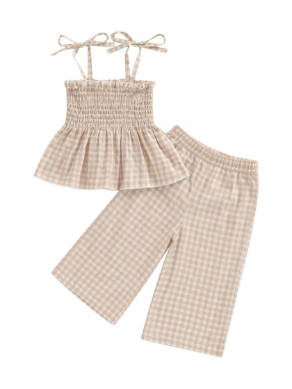Loicainy Toddler Kids Girl Summer Outfit 6 9 12 18 24 Months 2T 3T 4T 5T Plaid Clothes Bow Sling Ruffle Top Waffle Pants Set
