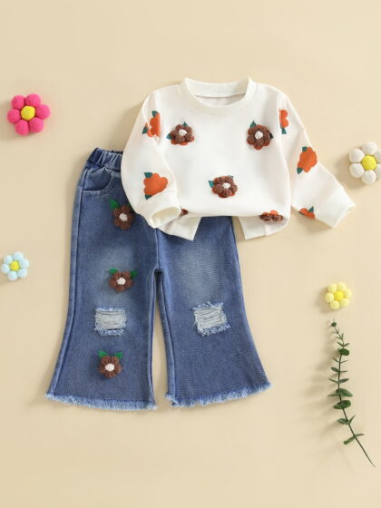 Loicainy Toddler Kids Little Girls Fall Outfits Crochet Flowers Long Sleeve Sweatshirt and Elastic Ripped Denim Flare Pants Clothes Set 6 Months to 7 Years