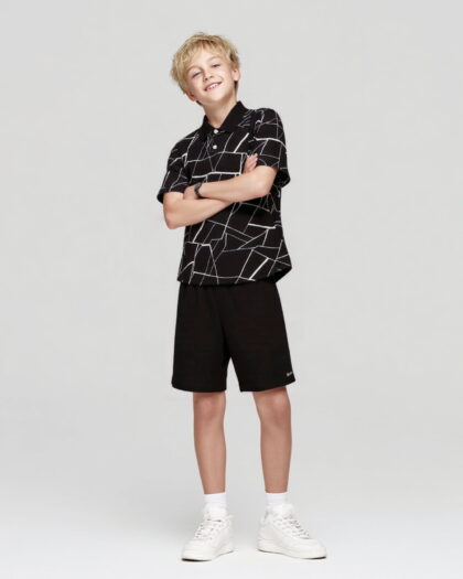Mikrdoo Big Boys Kids Boys Clothes Geographical Printing Summer Turn-down Collar Shirt Elastic Shorts 2Pcs Outfits Set Black 11-12 Years
