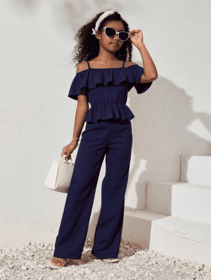Mikrdoo Kid Girls Clothes 8Y,9Y,10Y,11Y,12Y Girls Straps Off Shoulder Crop Tops and Pants Set 2Pcs Spring Fall Outfits Navy Blue