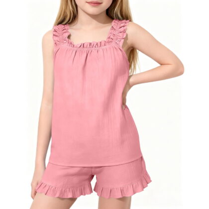 NAISIBABY Girls Outfit Set Size 12, Cotton Linen Ruffle Tank Tops and Elastic Waist Shorts 2-Piece Kids Summer Fashion Clothes (5-16T)
