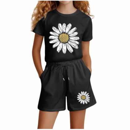 NAISIBABY Girls Summer Outfit Sets, Floral Short Sleeve T-Shirt & Shorts 2-Piece Kids Casual Fashion Clothes Black Size 7-8