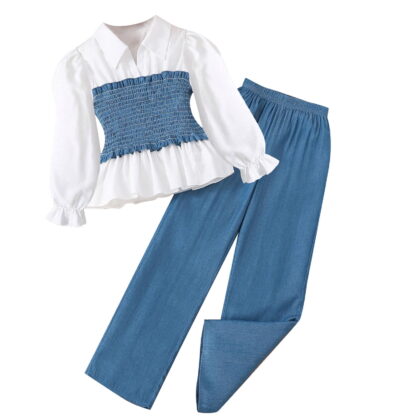 REDARER Girls Denim Set 2PC: Spliced Shirt & Wide Leg Pants, Casual Chic Outfit, Kids Sets Clothes, for Size 10-12 Years